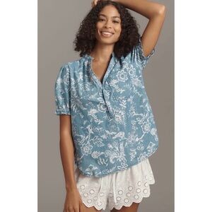Pilcro Blue Floral Henley Puff Sleeve Top